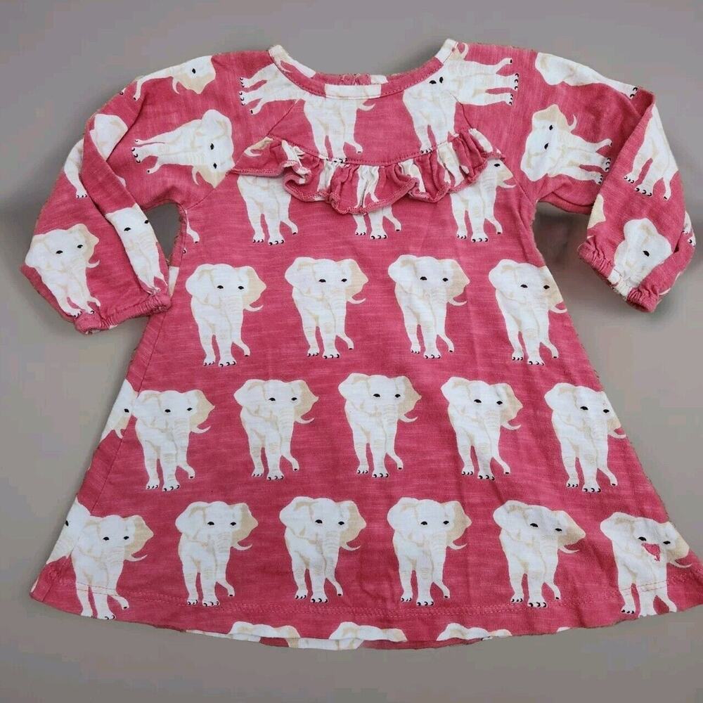 Pink Chicken Washed Look Ruffle Front Elephant Print Dress 3-6months Baby Girl
